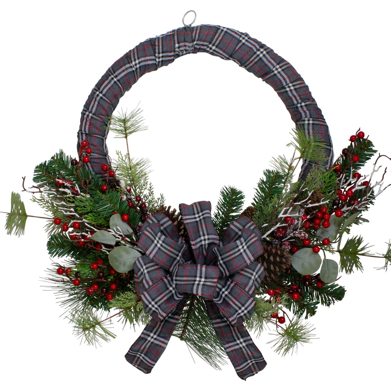 24" Unlit Gray & Red Plaid Artificial Christmas Wreath with Berries
